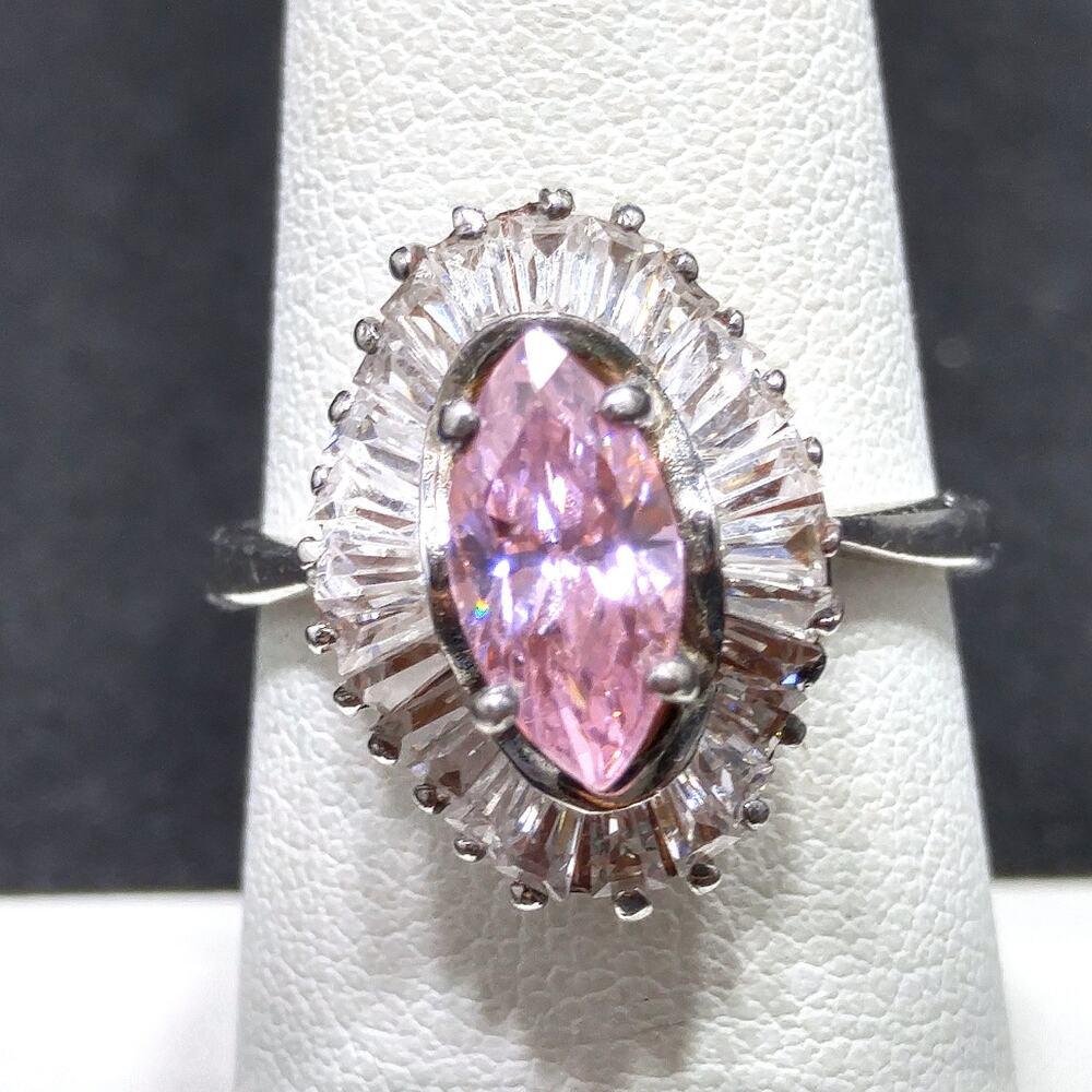Vintage 925 Sterling Pink Marquis CZ Halo Ring Size 7.25